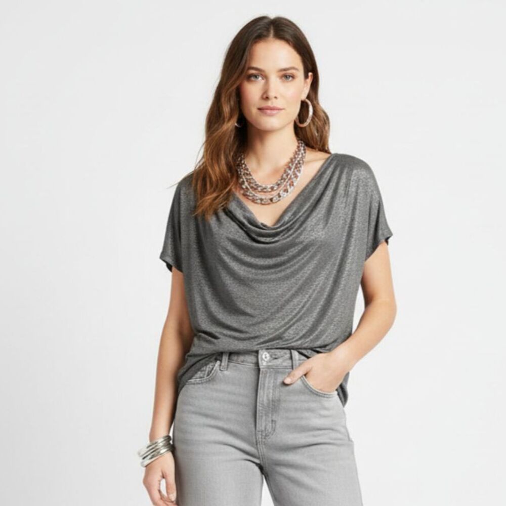 Escada Gray Metallic Short Sleeve Zip Sleeve Tunic Blouse Top 34 S